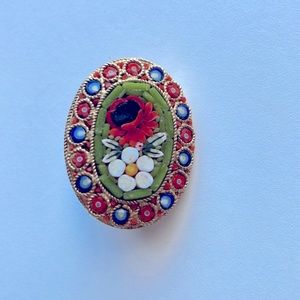 Vintage Italian Gold Tone Mosaic Floral Stone Pin